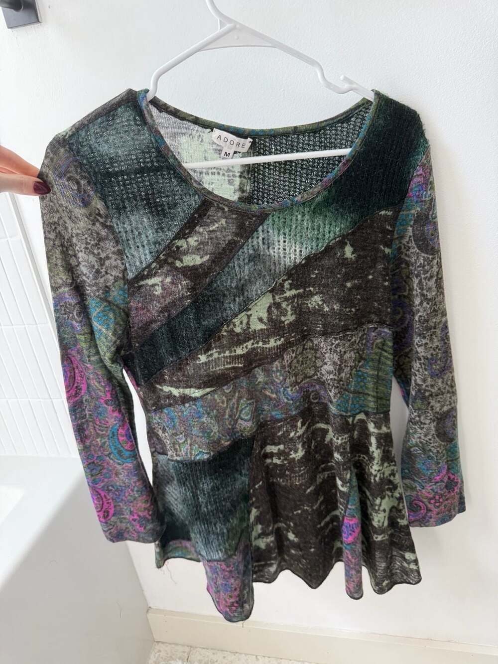 Adore Womens Long Sleeve Patchwork Waffle Knit Tunic Top Medium Multi Print Y2K